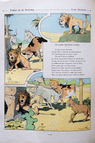 France, Aisne (02), Château-Thierry, Musée Jean de La Fontaine - Ville de Chateau-Thierry, livre des Fables de La Fontaine illustrées par Benjamin Rabier, Edition Jules Tallandier, 1906, in-folio, le Lion devenu vieux fable XIV du livre III
