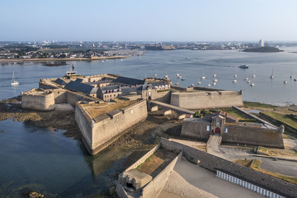 France, Morbihan, Port-Louis, Port Louis Citadel modified by Vauban, at Lorient harbour entrance, museum of the Compagnie des Indes (aerial view)