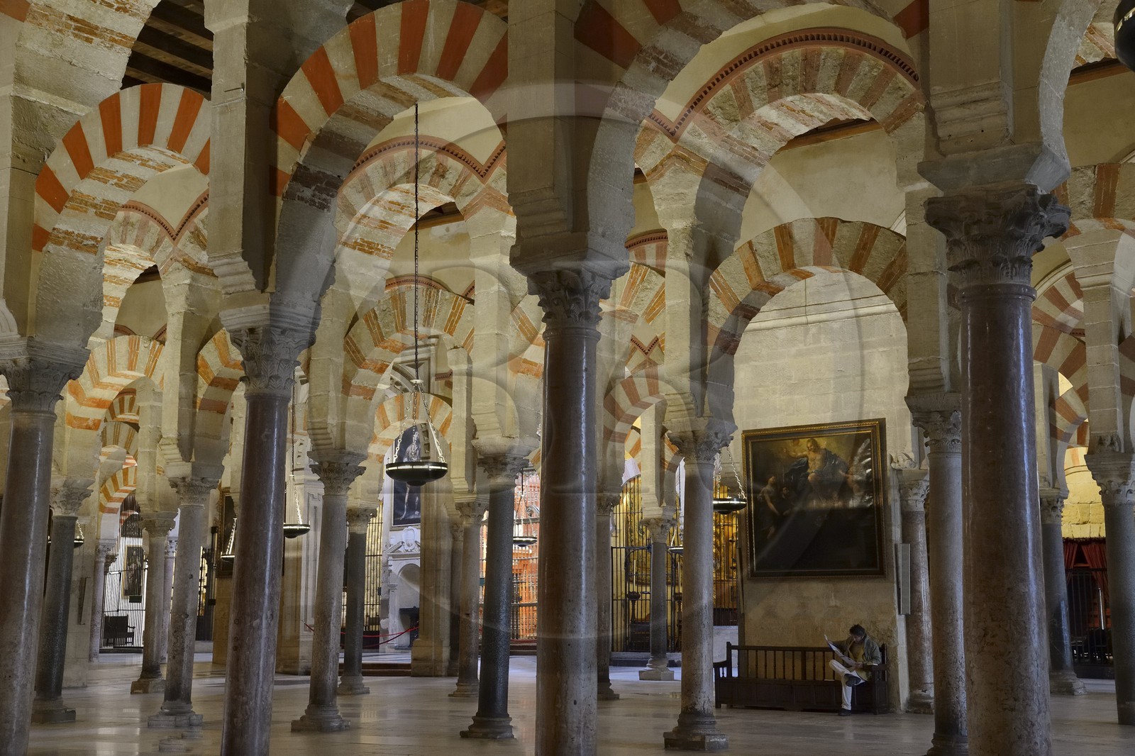 Espagne, Andalousie, Cordoue, centre historique classé Patrimoine Mondial de l'UNESCO, la Mezquita, mosquée-cathédrale, la forêt d'arcs et de colonnades illustre la monumentalité de l'Art omeyyade de Cordoue