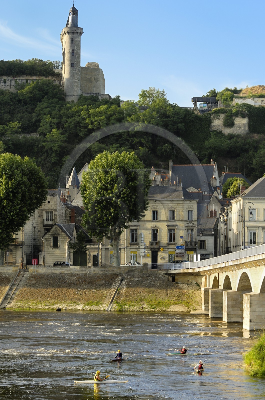 France, Indre et Loire (37), Vallée de la Loire classée Patrimoine Mondial de l'UNESCO, Chinon, vue de la ville et du château depuis la rive sud de la Vienne