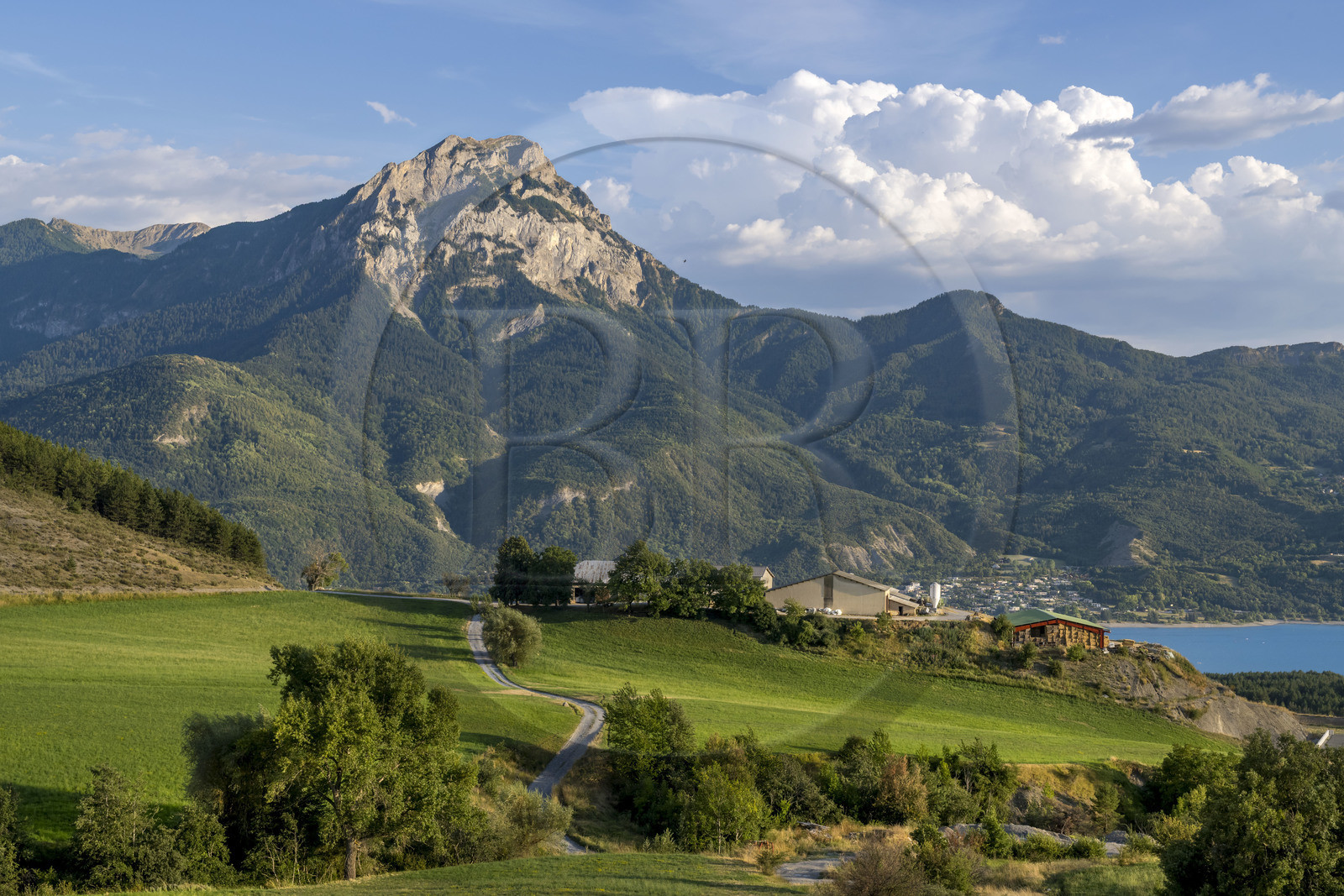 France, Hautes Alpes (05), Savines-le-Lac, ferme au dessus du lac de Serre-Ponçon et le sommet du Pic de Morgon (2324 m) en arrière-plan