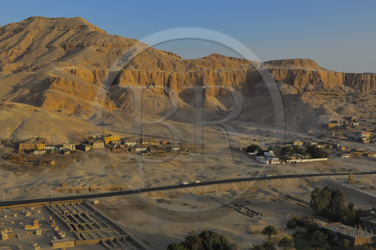 Egypt, Upper Egypt, Nile Valley, surroundings of Luxor, West bank, Thebes Necropolis, old village of Gournah just under the Nobles Tombs (aerial view)