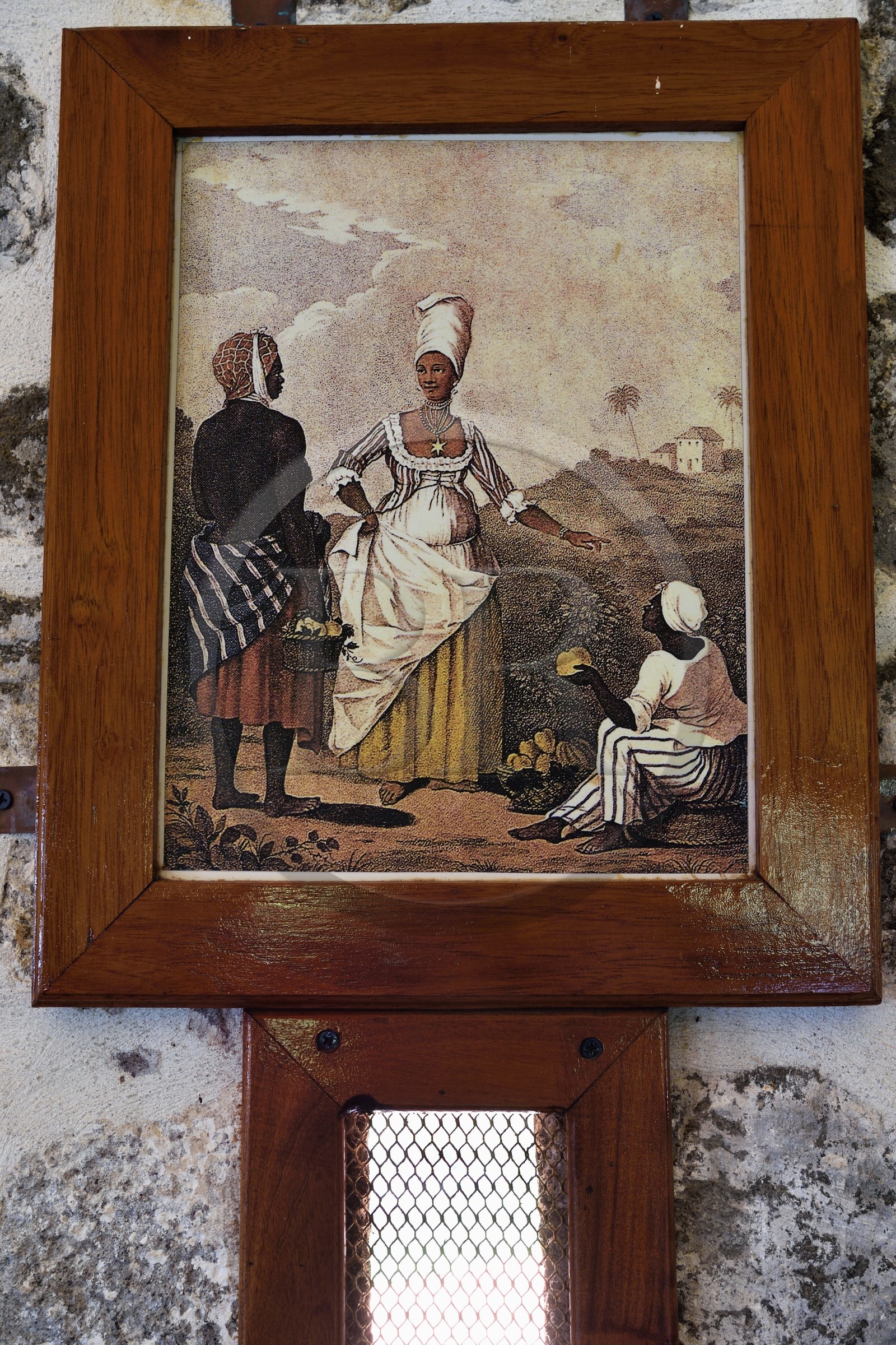 Caribbean, Dominica Island, Portsmouth, Cabrits National Park, Fort Shirley, 18th century British fort, reproduction of engraving from 1800 representing the colonial and slave period