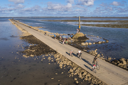 France, Vendée (85), île de Noirmoutier, Barbatre, cyclistes sur le passage du Gois à marée montante, chaussée submersible qui relie l'île au continent à marrée basse, un des refuges sur la droite (vue aérienne)