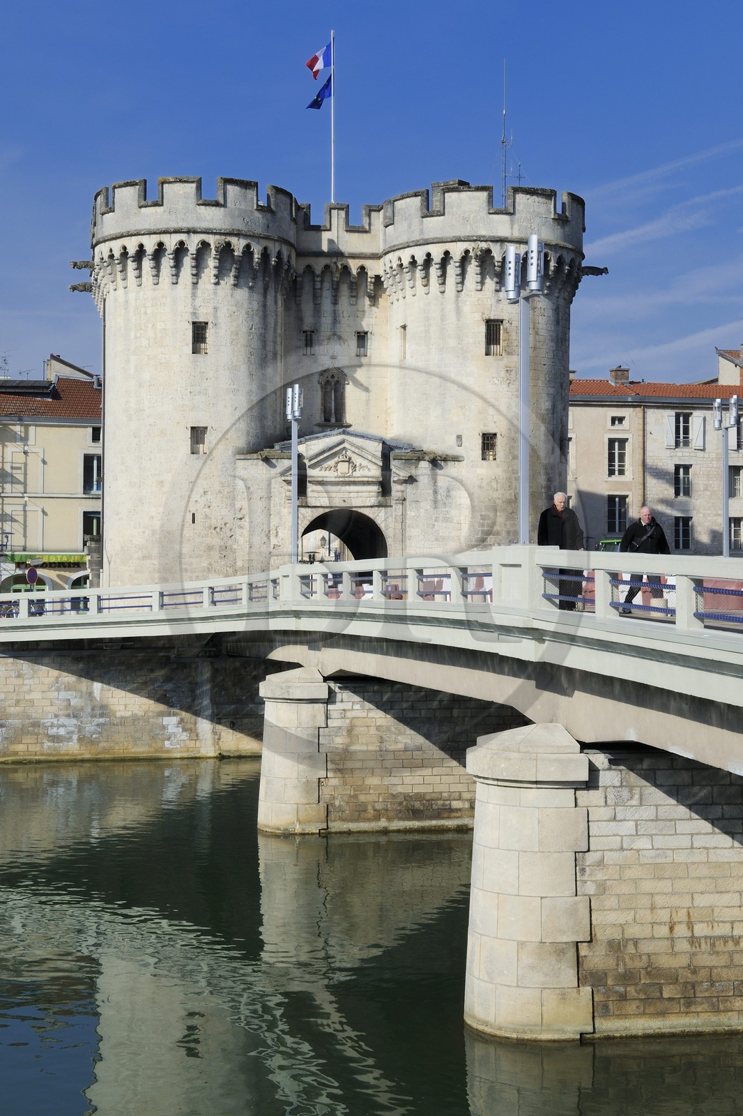 France, Meuse, Verdun, Porte Chaussee, gate of the 15th century, official entry of the city since its construction, defense tower of the great wall that encircled the city in the medieval seen from the Nation Place