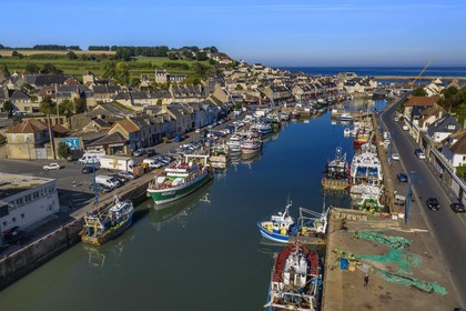 France, Calvados, Cote de Nacre, Port en Bessin, trawlers in the fishing port (aerial view)