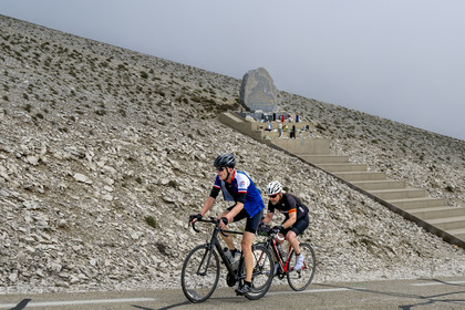 France, Vaucluse, Parc Naturel Regional du Mont Ventoux, Bedoin, bike ascent of Mont Ventoux by the D974 road on the southern slope, the monument in memory of Tom Simpson who died during the Tour de France