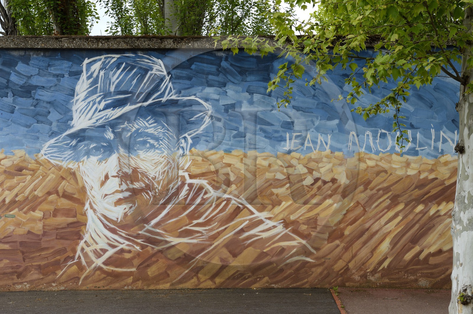 France, Rhone, Lyon, Montluc Prison Memorial, Jean Moulin hero of the Resistance painted on the outside wall of the enclosure