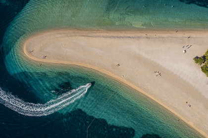 Croatia, Dalmatia, Dalmatian coast, Brac Island, Bol, the beach of Zlatni Rat or Golden Horn (aerial view)