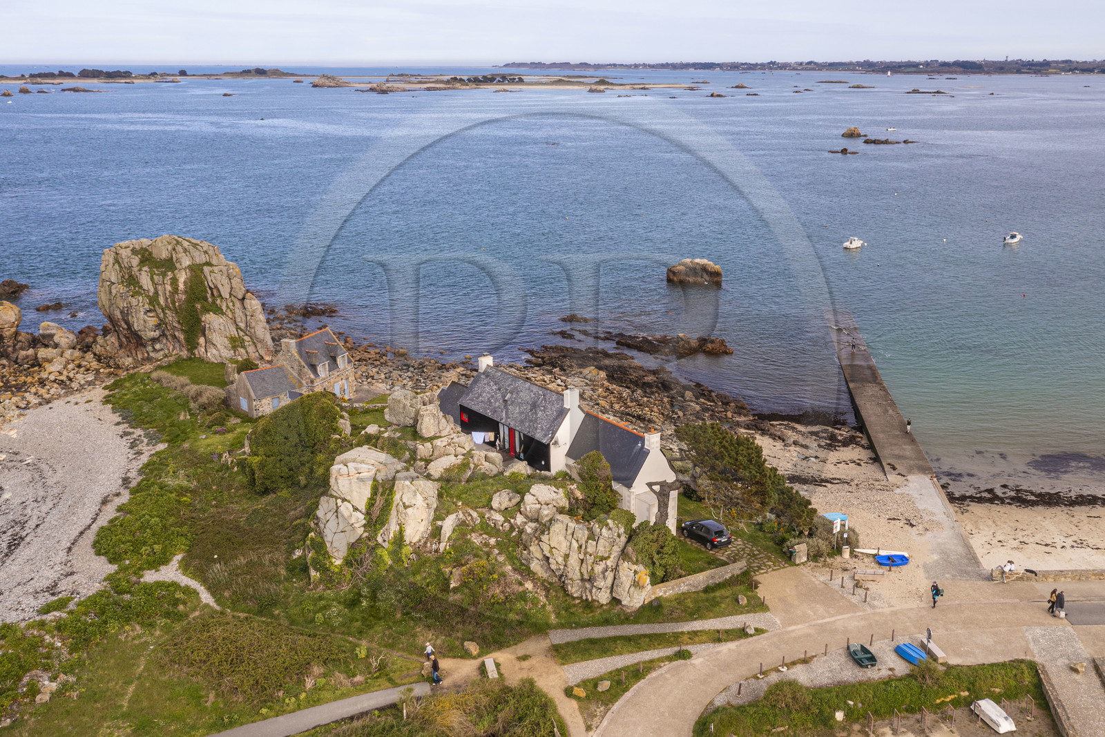 France, Cotes-d'Armor, Cote d'Ajoncs, Plougrescant, the beach of Porz Hir or Pors-hir (aerial view)