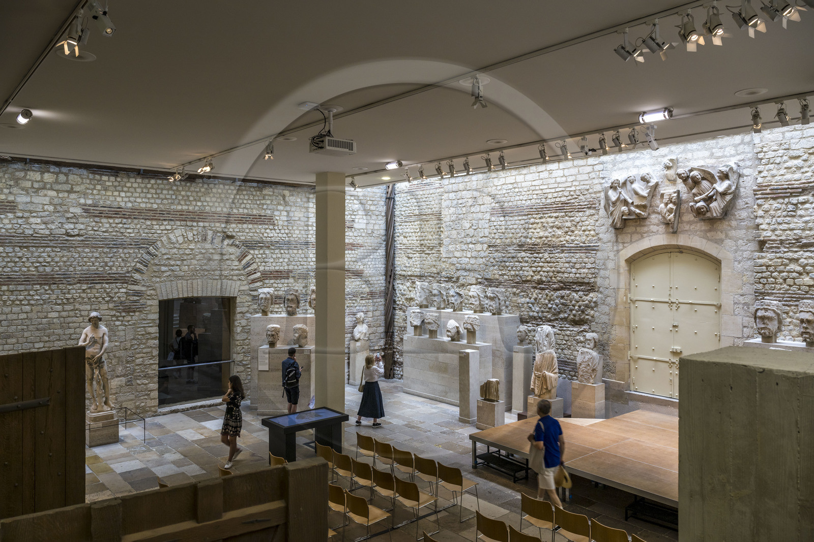 France, Paris, Musée de Cluny - Musée national du Moyen-Age (Middle Ages Museum in the former Hotel de Cluny), sculptures of Notre-Dame-de-Paris in an former room of the Gallo-Roman thermal baths