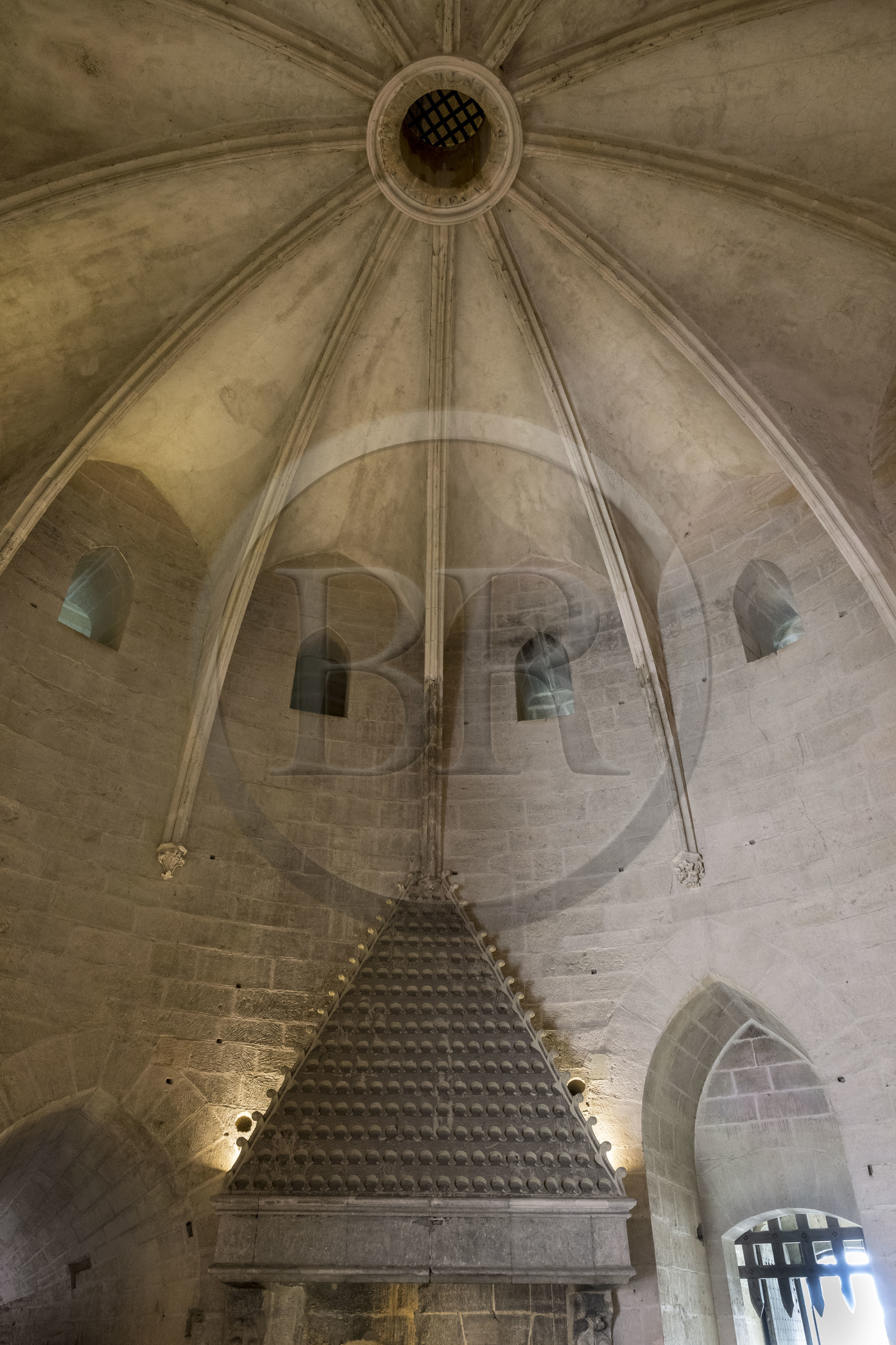 France, Gard (30), Aigues-Mortes, la Tour de Constance, la salle des gardes avec sa cheminée et son accès protégé par une herse au rez-de-chaussée
