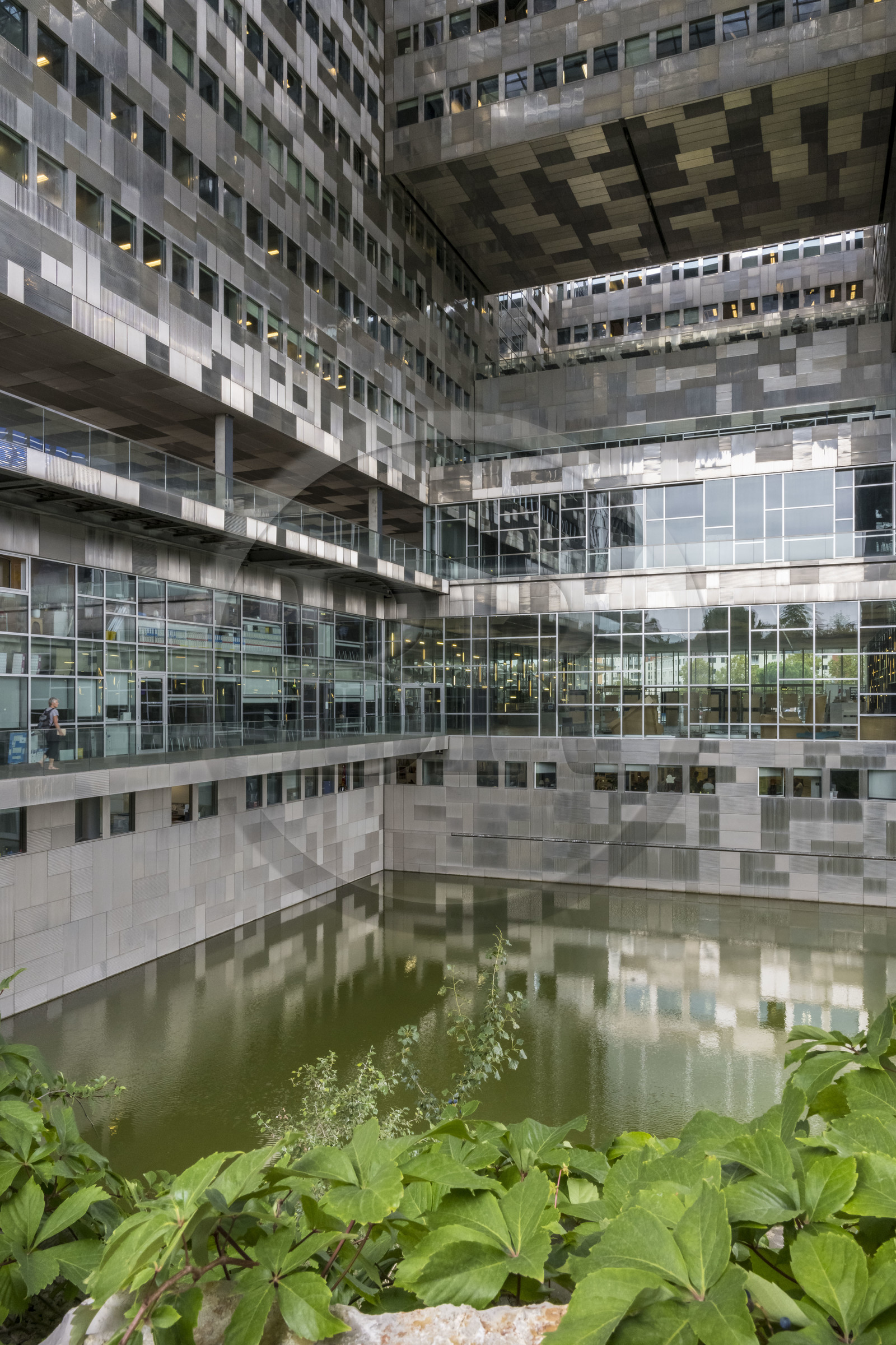 France, Herault, Montpellier, Port Marianne district, the City Hall designed by architects Jean Nouvel and François Fontes, patio between water and sky