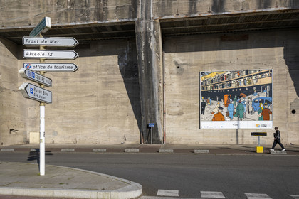 France, Loire-Atlantique, Saint-Nazaire, former German submarine base, one of the six frescoes on enamelled metal panels reproducing vignettes from the comic book album on the very places where the adventures of Tintin take place