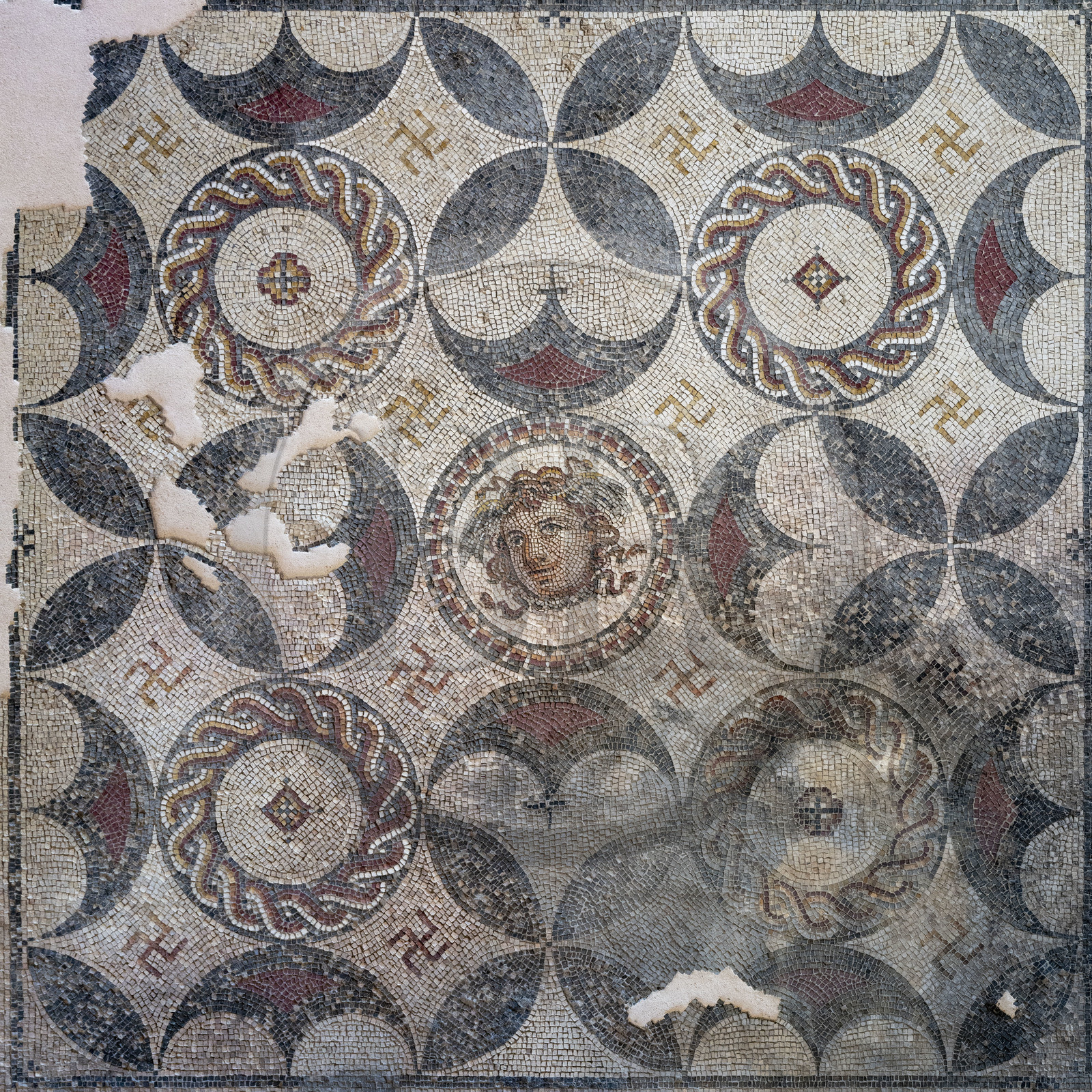 France, Bouches-du-Rhône (13), Arles, musée départemental Arles antique, détail de la mosaïque de Méduse (fin IIe siècle) qui est un pavement d'une riche maison de ville romaine dite d'Aion du site de l'ancienne verrerie de Trinquetaille sur la rive droite du Rhone