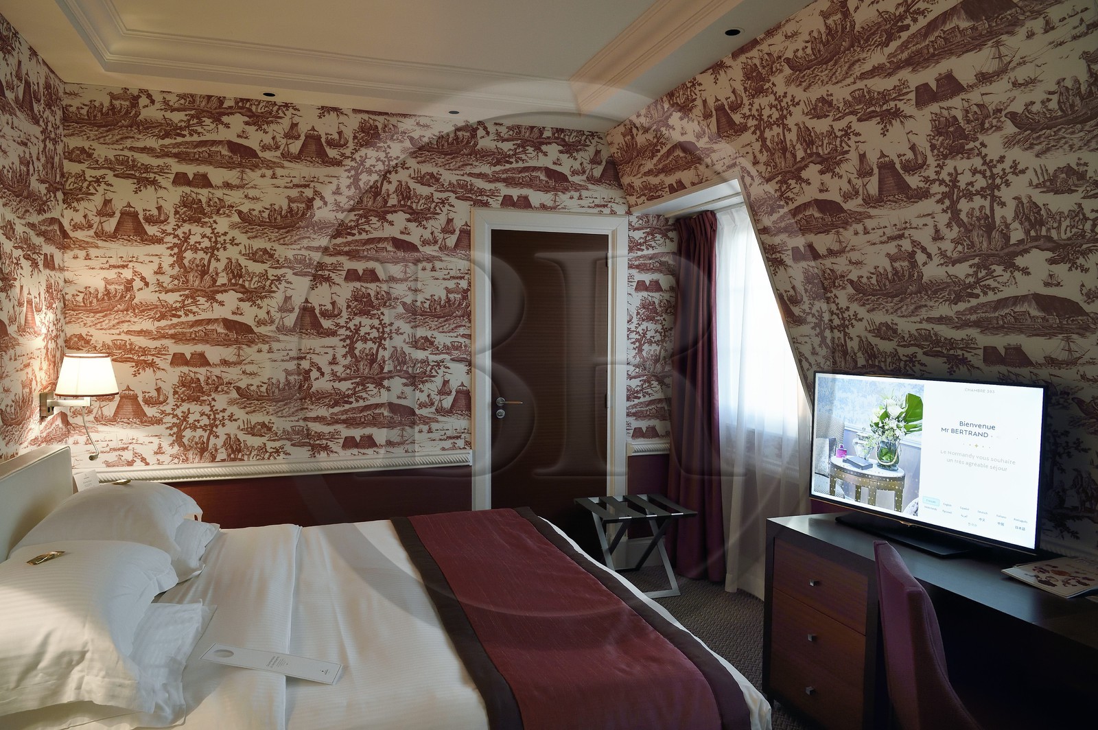 France, Calvados, Pays d'Auge, Deauville, Normandy Barriere Hotel, an superior room decorated from toile de jouy fabric