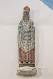 France, Cotes-d'Armor, Cote de Granit Rose, Perros-Guirec, Ploumanac'h, the Saint-Guirec chapel, original statue of the oratory in polychrome wood from the 14th century representing Saint-Guirec