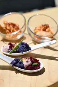 France, Hautes Pyrenees, Saint Lary Soulan, Rioumajou valley, the Rioumajou hospice which has become a hiking refuge and a restaurant, picote and creamy beetroot, salicornia and blueberry pancake