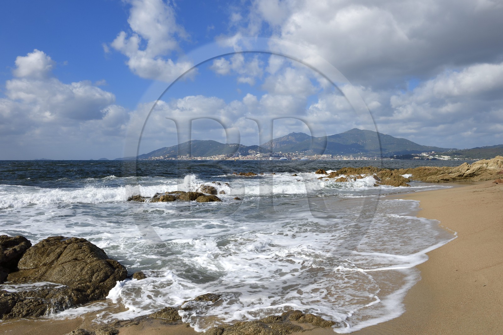 France, Corse du Sud, Gulf of Ajaccio, Capitello beach and Ajaccio in the background