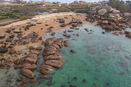 France, Cotes-d'Armor, Cote de Granit Rose, Trégastel, Renote island, the granite chaos (aerial view)