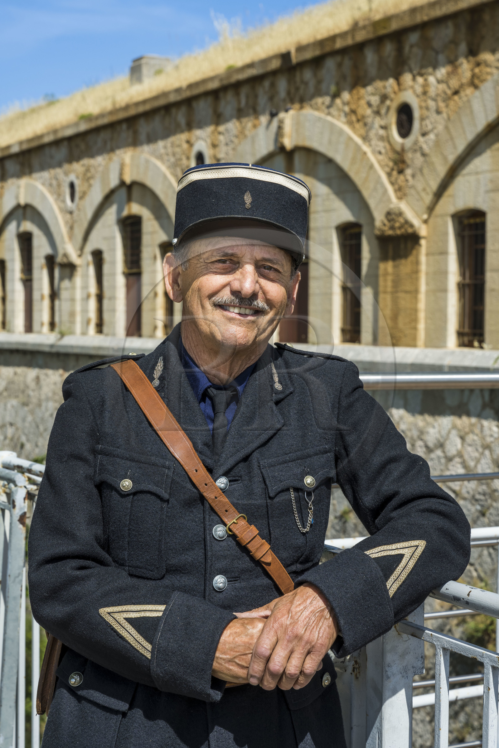 France, Alpes-Maritimes, Eze, Fort de la Revere in the Grande Corniche Forest Park and built between 1882 and 1885, Alain Fine in a mobile guard uniform from 1942