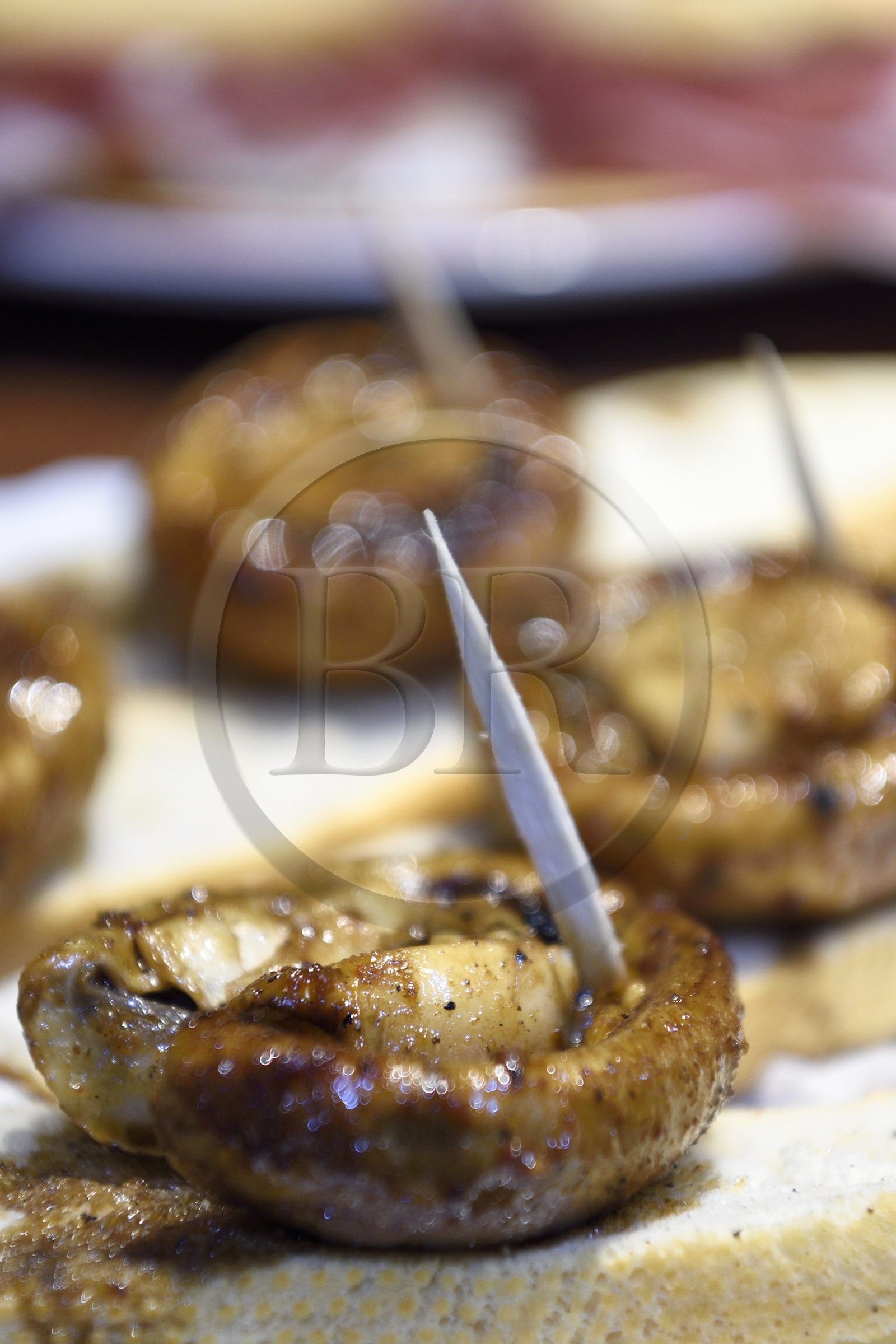 Spain, Basque Country, Biscay Province, Bilbao, mushrooms pintxos at the Bar Motrikes
