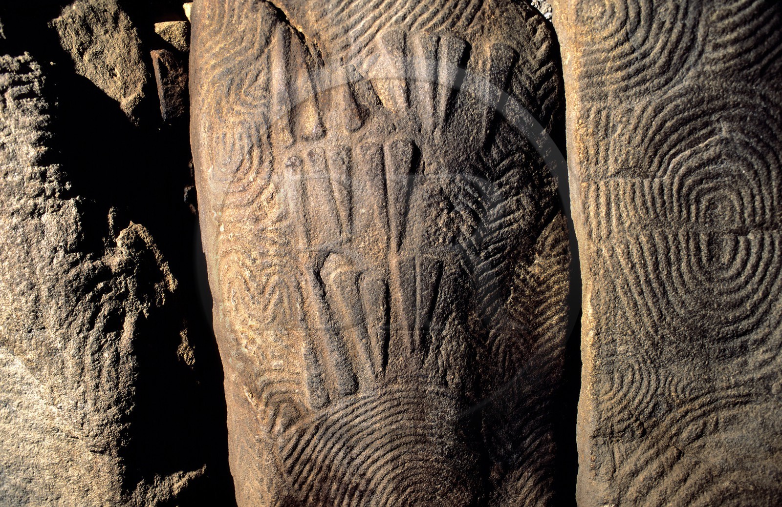 France, Morbihan (56), Golfe du Morbihan, galerie couverte entièrement gravée du tumulus de Gavrinis 3500 avant JC