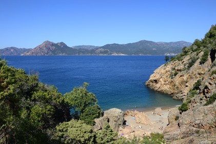 France, Corse-du-Sud (2A), Golfe de Porto, classé Patrimoine Mondial de l'UNESCO, Piana, anse et plage de Ficajola