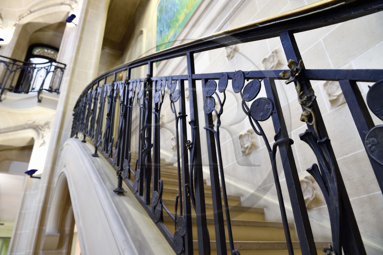 France, Meurthe-et-Moselle, Nancy, rue Saint-Jean, former Renauld bank and current BNP Paribas of Art Nouveau style, staircase ironwork with the motive of the flower Lunaria annua by Louis Majorelle
