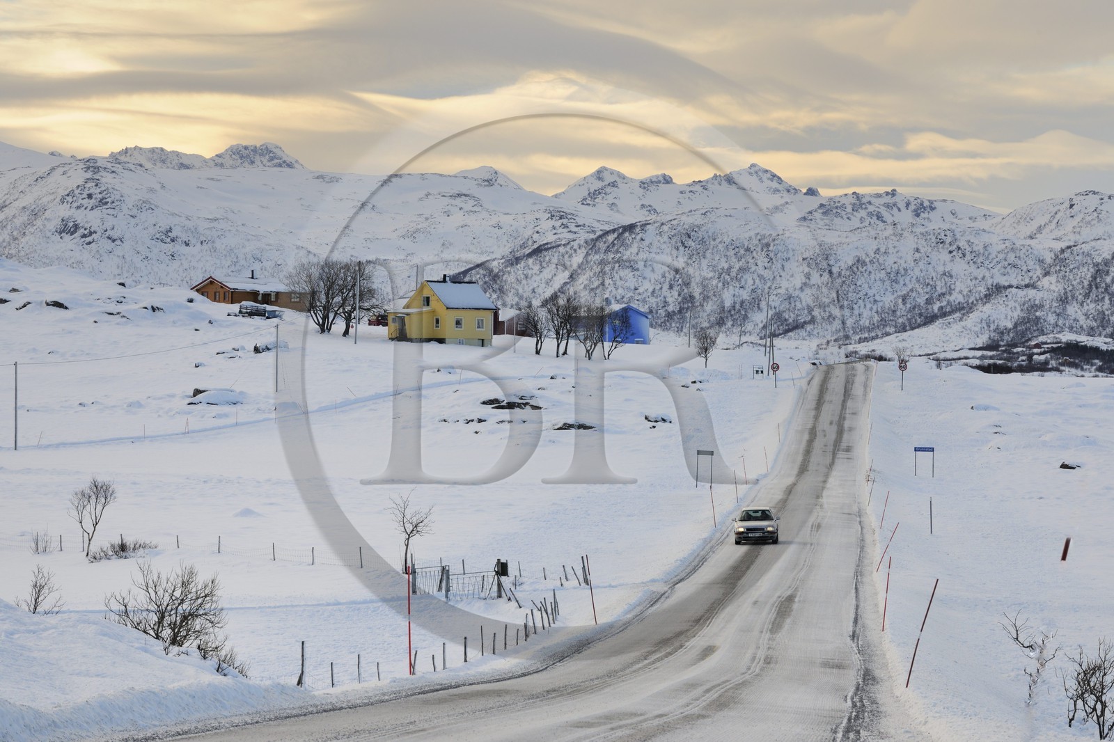 Norway, Nordland County, Lofoten Islands, landscape in Vestvagoy Island in Winter, E10 Road which crosses the island