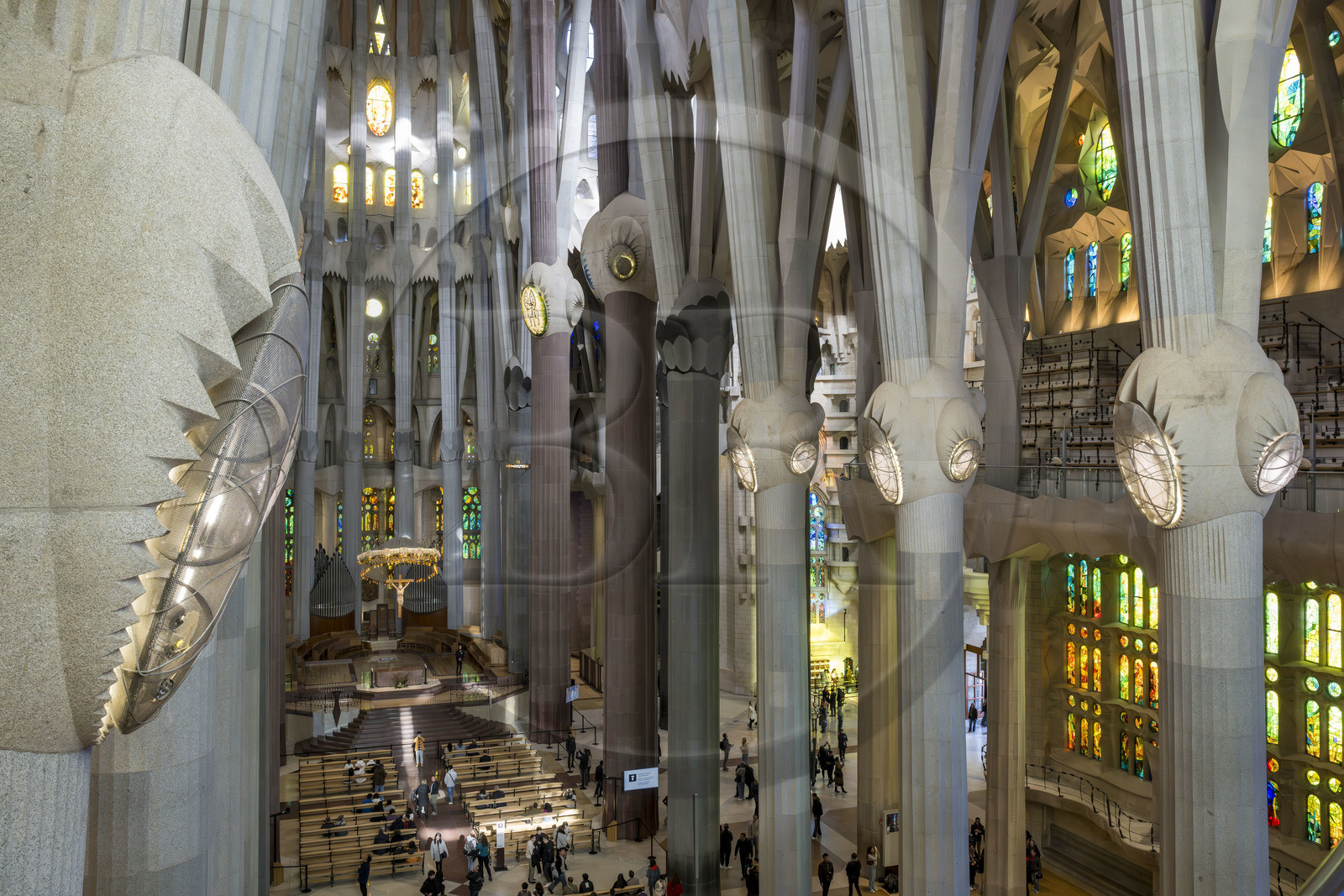 Spain, Catalonia, Barcelona, Eixample district, Sagrada Familia basilica by Catalan modernist architect Antoni Gaudi, listed as a UNESCO World Heritage Site, above the node, the columns of the central vessel (nave) are subdivided into branches like a tree