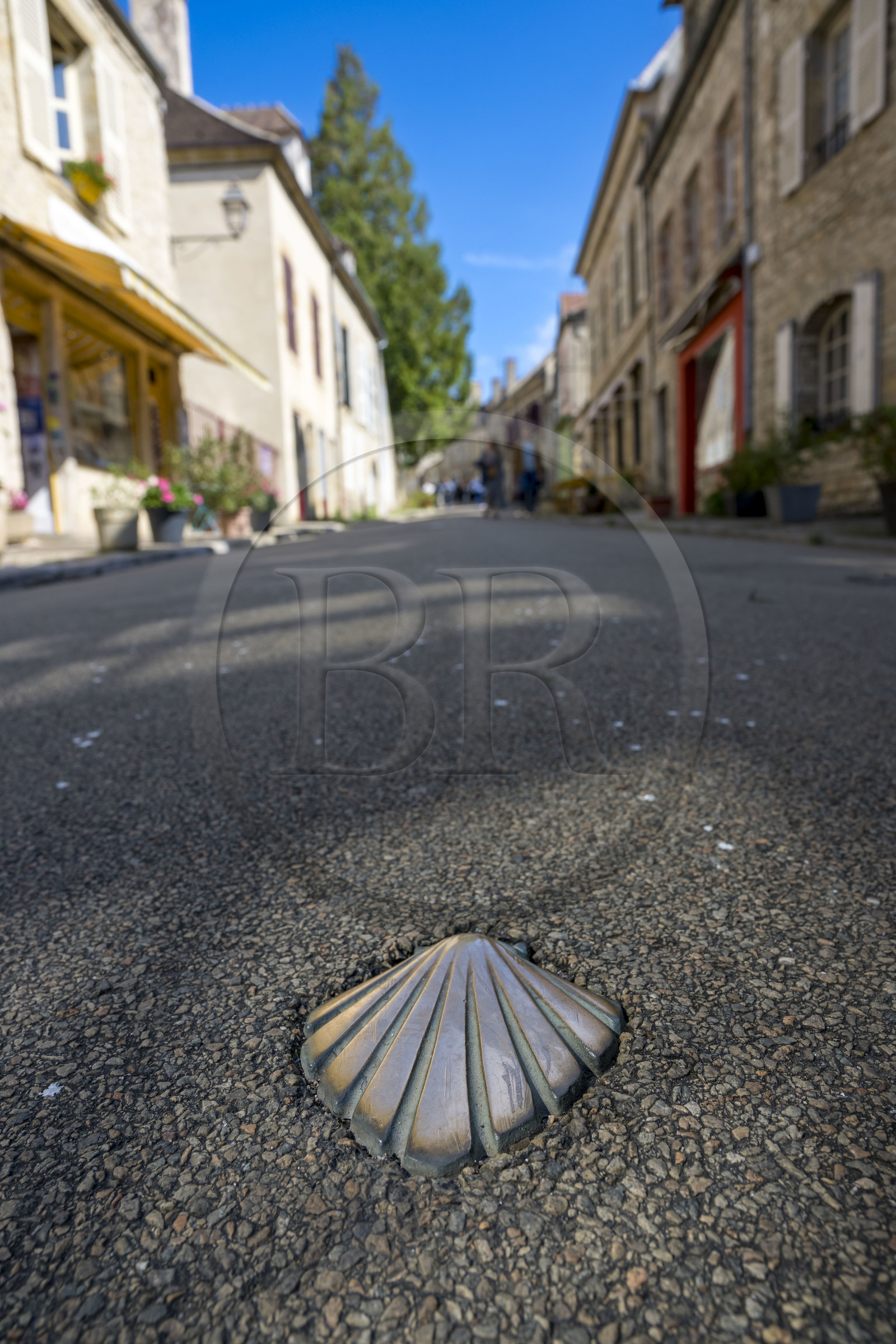 France, Yonne (89), parc naturel régional du Morvan, Vézelay, classé au Patrimoine Mondial de l'UNESCO, labellisé Les Plus Beaux Villages de France, point de départ de l'une des principales voies de pèlerinage de Saint-Jacques-de-Compostelle, clou urbain en bronze qui balise le chemin de Saint-Jacques-de-Compostelle dans la rue principale