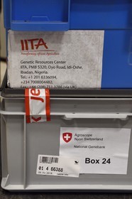 Norway, Svalbard, Spitzbergen, Longyearbyen, Svalbard Global Seed Vault (Seed Bank), boxes containing seeds from Nigeria and Switzerland