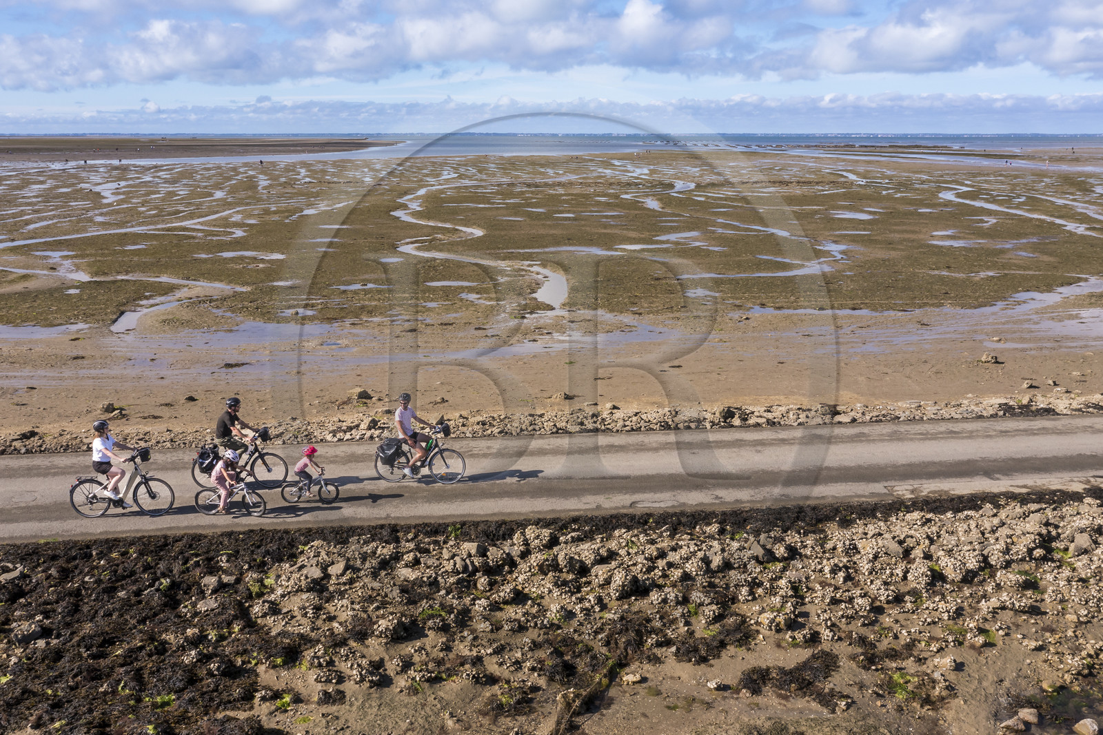 France, Vendée (85), île de Noirmoutier, Barbatre, cyclistes sur le passage du Gois, chaussée submersible qui relie l'île au continent à marrée basse (vue aérienne)