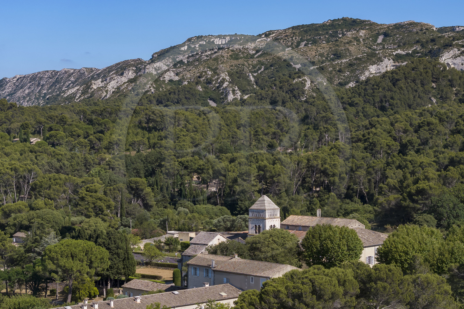France, Bouches du Rhone, Regional Natural Park of the Alpilles, Saint Remy de Provence, Saint-Paul-de-Mausole monastery, where Van Gogh was interned in 1889-1890, at the foot of the Alpilles massif (aerial view)