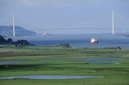France, Eure (27), le Marais-Vernier et le Pont de Normandie, un cargo remonte la Seine