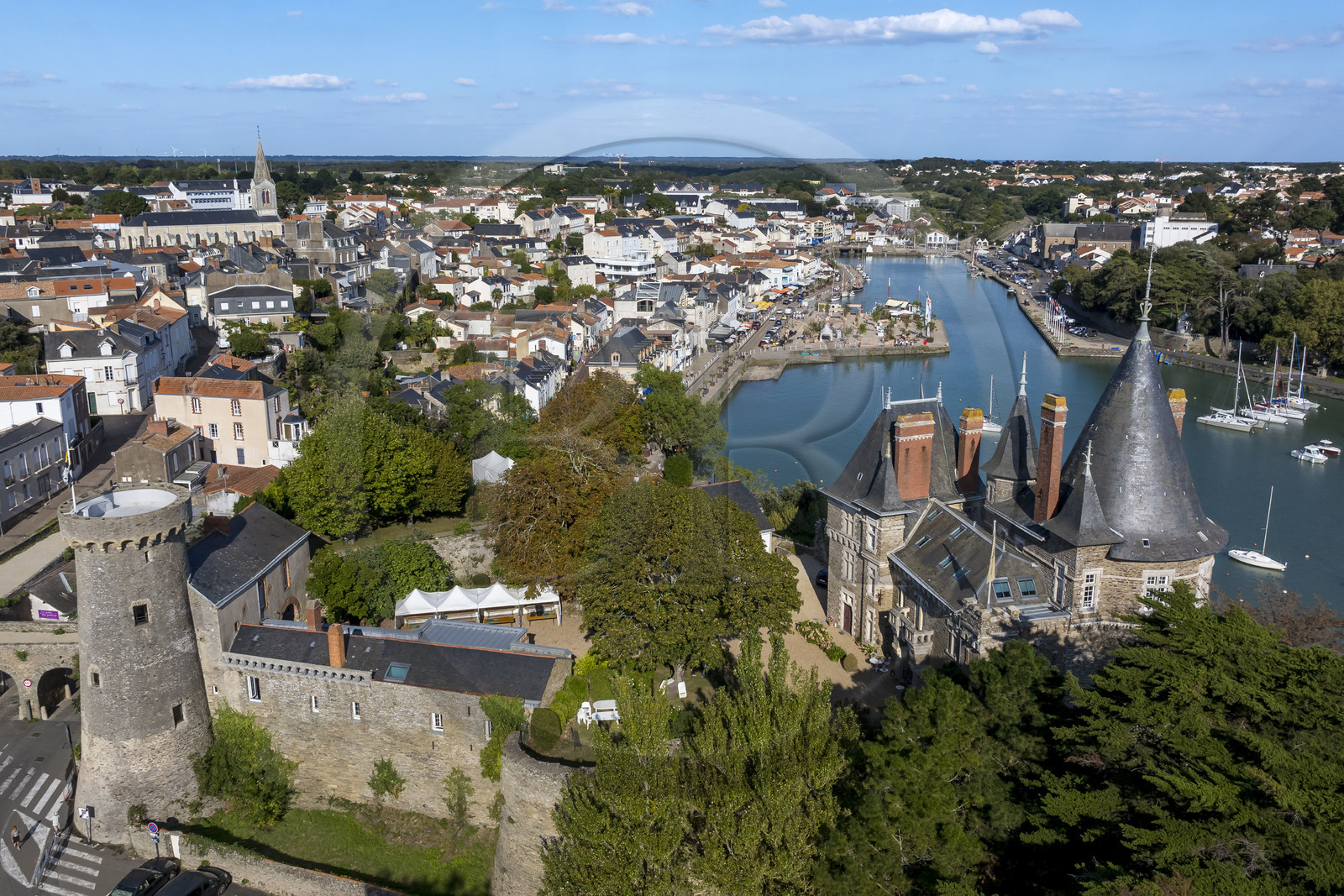 France, Loire Atlantique, Pornic, Pornic Castle overlooking the port (aerial view)
