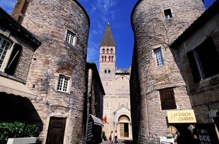 France, Saone et Loire, Tournus abbey, two remaining towers from the old Saint Philibert church enclosure