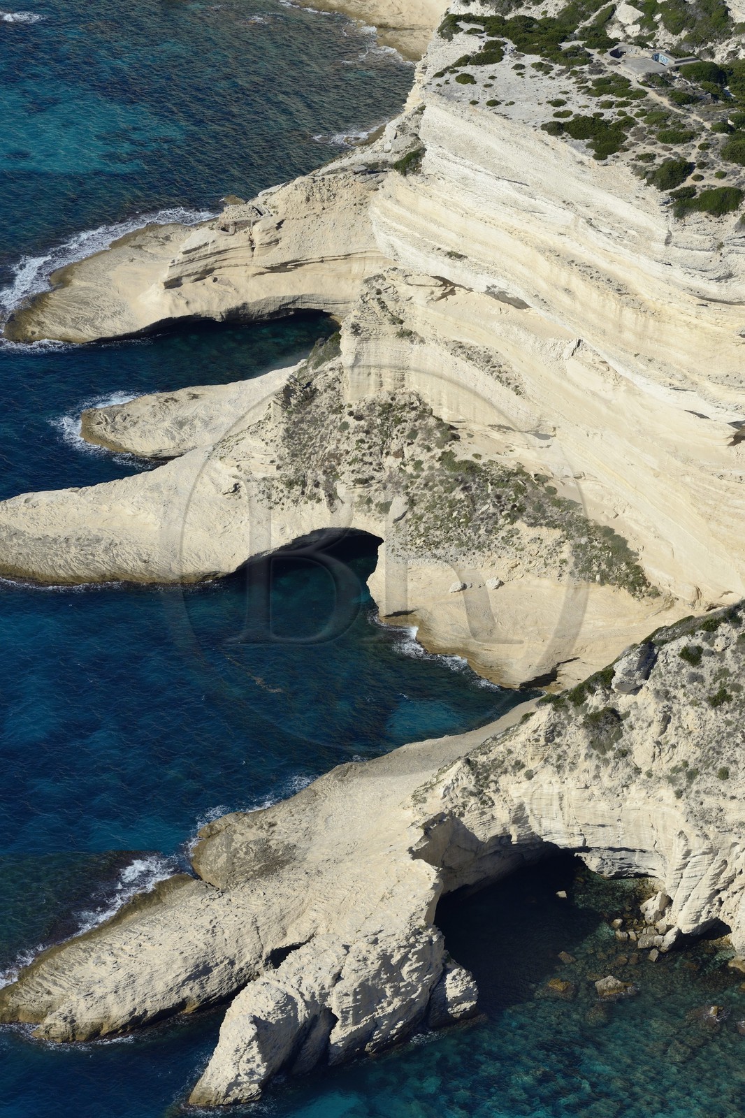 France, Corse du Sud, Natural Reserve of Bouches de Bonifacio, limestone cliffs (aerial view)