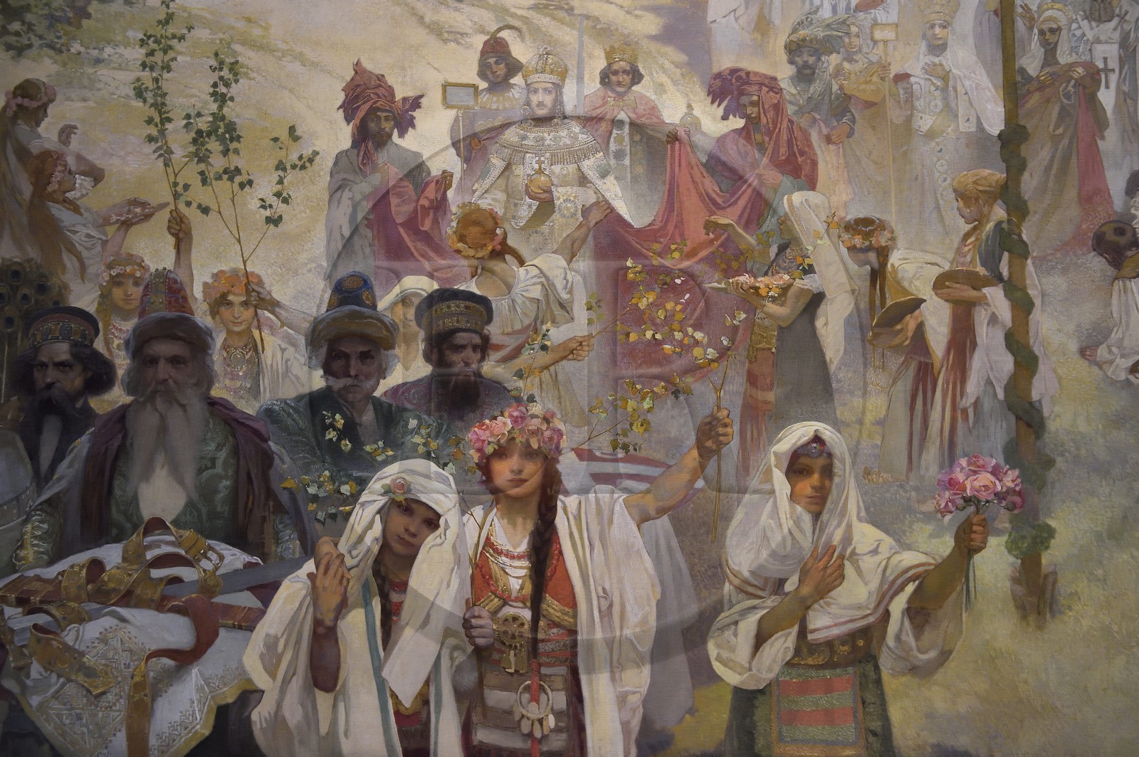 République Tchèque, Prague, palais des foires et expositions (Veletrzní palac), exposition permanente des vingt toiles monumentales de L'Épopée Slave d'Alfons Mucha, Couronnement du tsar serbe Stefan Dusan comme Empereur byzantin (detail)