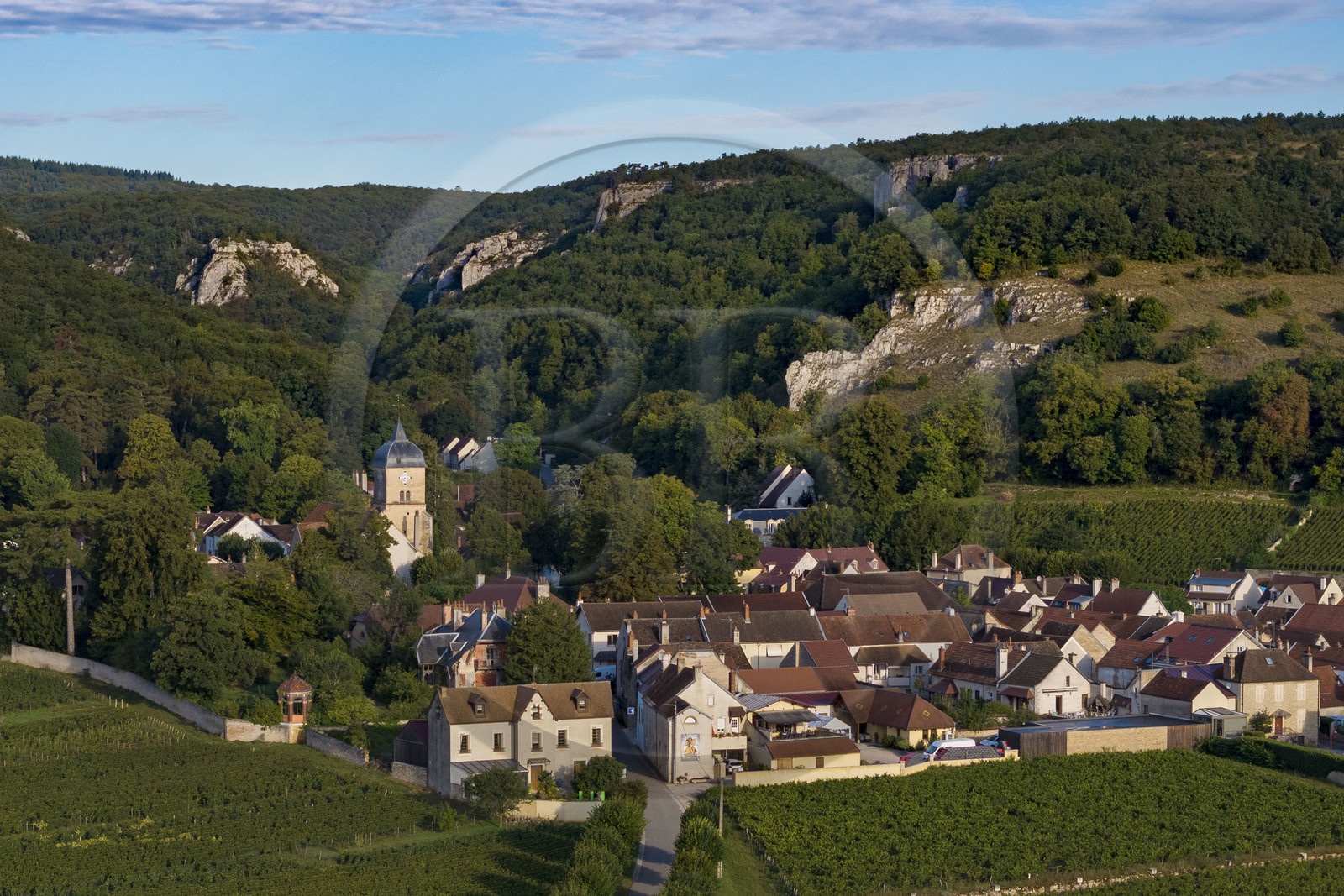 France, Côte-d'Or (21), Paysage culturel des climats de Bourgogne classés Patrimoine Mondial de l'UNESCO, Route des Grands Crus, vignoble de la Côte de Nuits, le village de Chambolle-Musigny au pied d'une combe