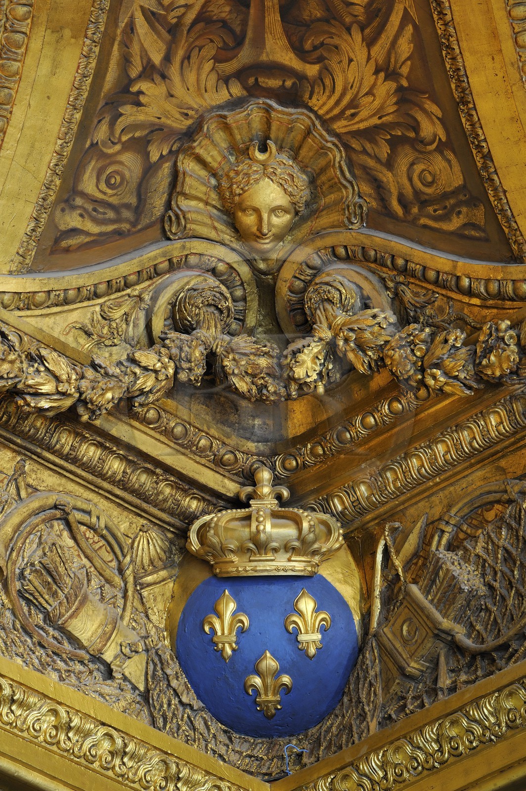 France, Yvelines (78), château de Versailles, classé Patrimoine Mondial de l'UNESCO, les Grands Appartements, salon de Diane, détail de l'encadrement du plafond