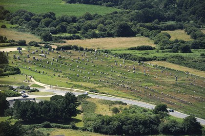 France, Morbihan, Carnac, row of megalithic standing stones at Menec (aerial view)