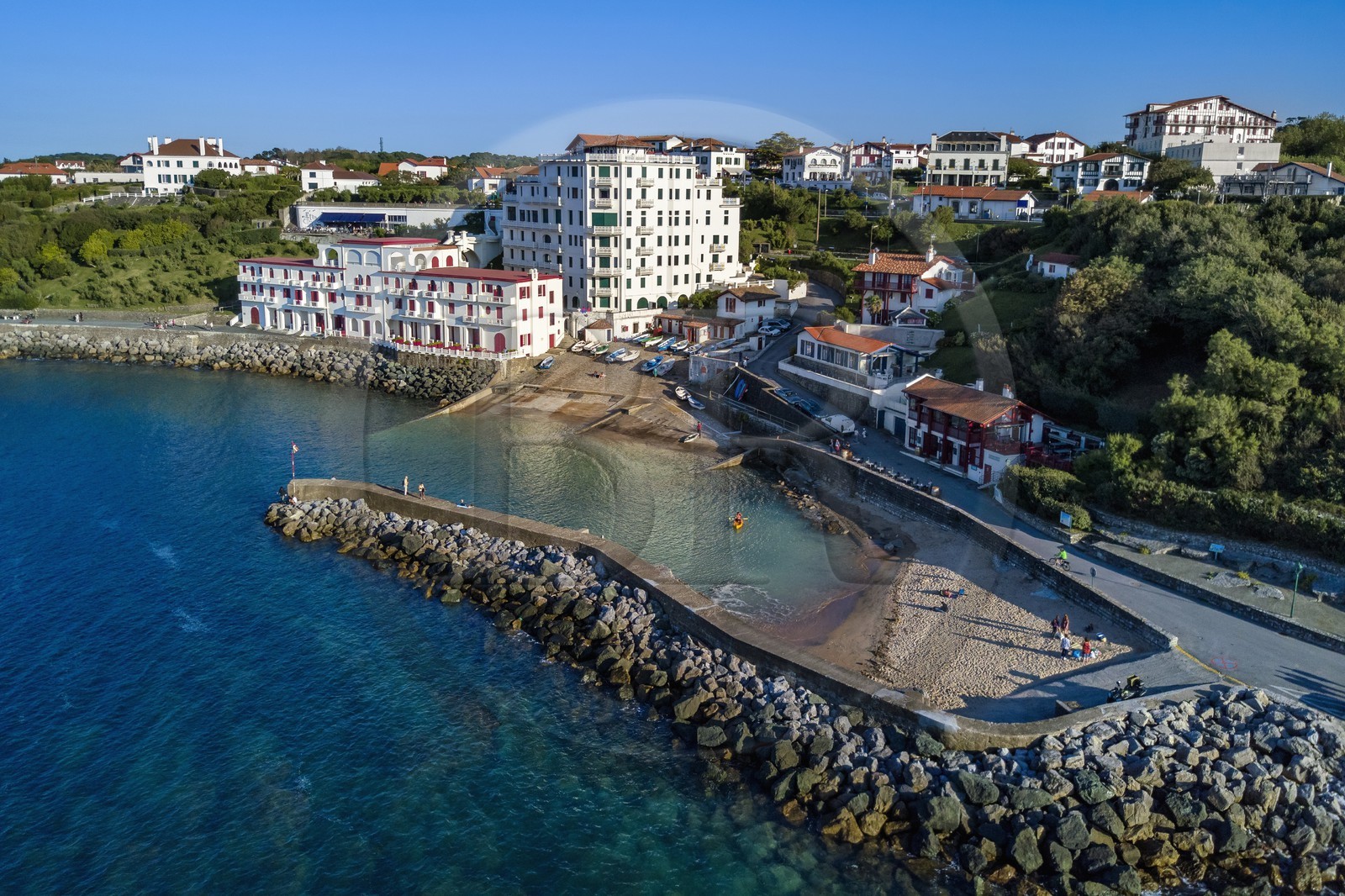 France, Pyrenees Atlantiques, Basque Country coast, Guethary, old whaling port overlooked by the former art deco Guétharia hotel built in the 1920s turned into a residence (aerial view)