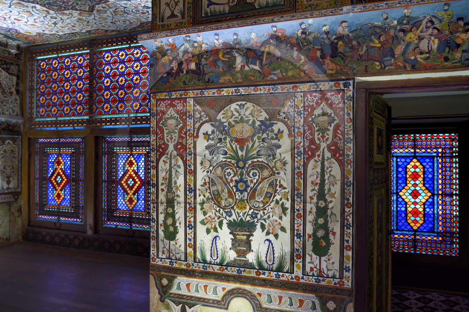 Azerbaijan, Shaki, Palace of Shaki Khans built in 1797 by Muhammed Hasan Khan, Khan's room, fresco depicting scenes of battles