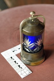 France, Bas-Rhin, Schiltigheim, glass of water in which porcelain irradiated with radium was infused, Centennial radium fountain before decontamination by engineers from the National Agency for the Management of Radioactive Waste (Andra)