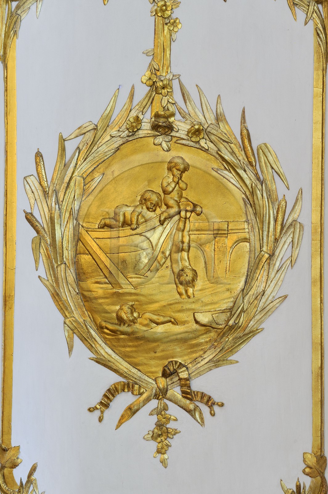 France, Yvelines (78), château de Versailles, classé Patrimoine Mondial de l'UNESCO, appartement privé du Roi, cabinet de la cassette, ancienne salle de bain, détail des lambris dorés aux thèmes aquatiques