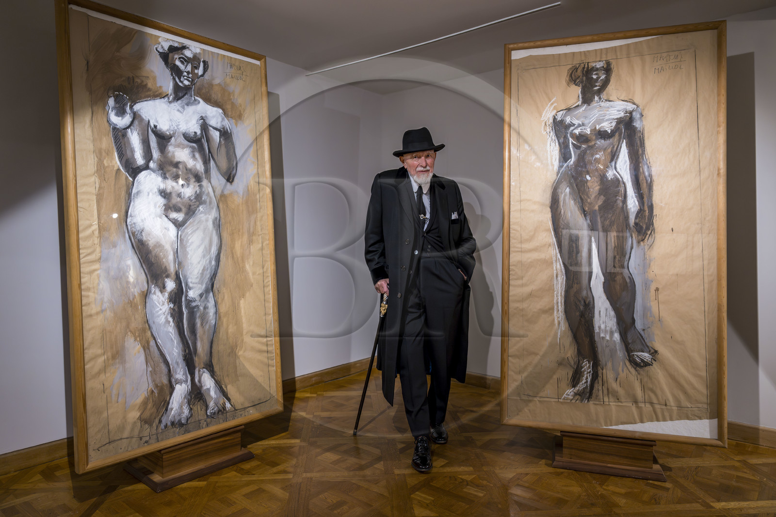 France, Paris, Musée Maillol art museum, German painter and sculptor Markus Lüpertz during his exhibition in dialogue with the work of Aristide Maillol, work Markus-Maillol, 1976, Mixed technique on paper