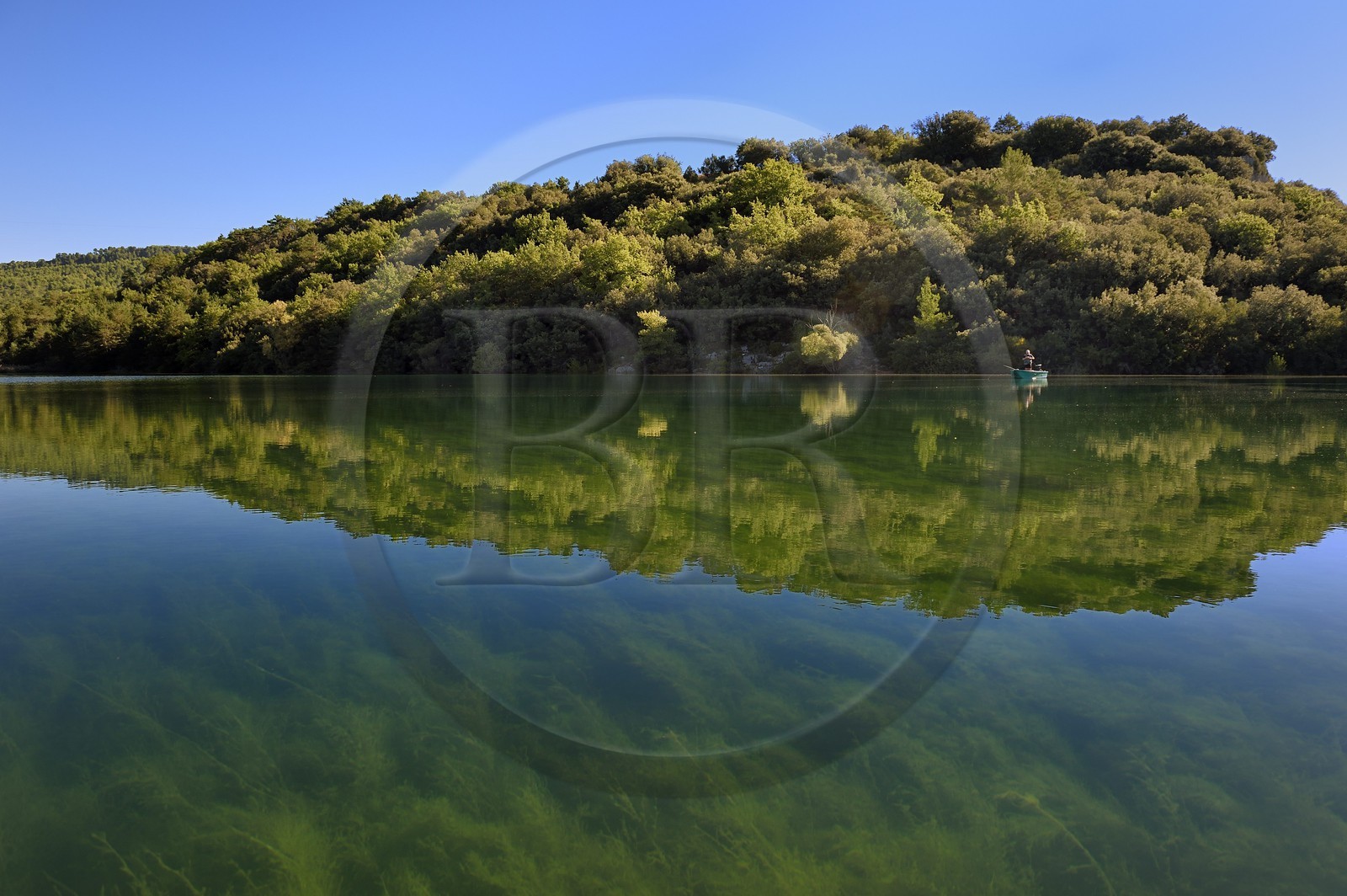 Var on the Left Bank and Alpes de Haute Provence on the Right Bank, Parc Naturel Regional du Verdon, Basses Gorges du Verdon downstream of Lake St. Croix, Fisherman on his boat