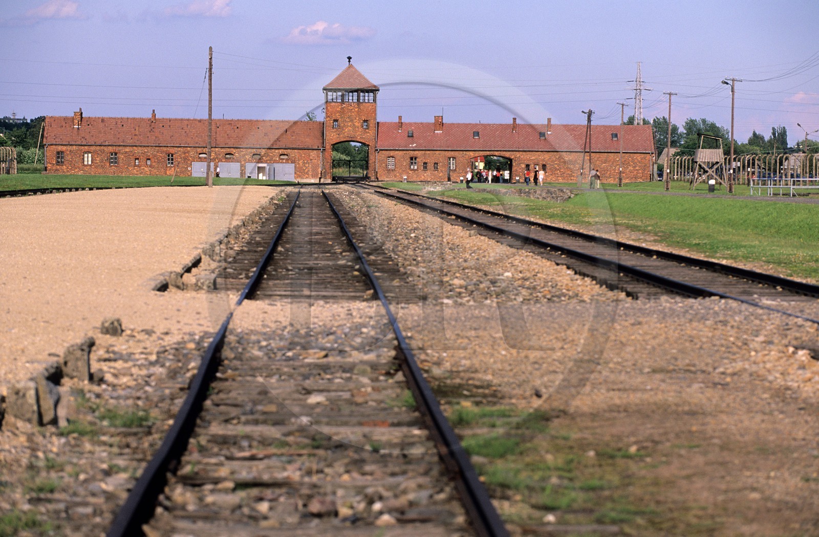 Poland, Lesser Poland, Krakow area, Oswiecim village, death camp of Auschwitz-Birkenau, main door and the place where the train used to arrive